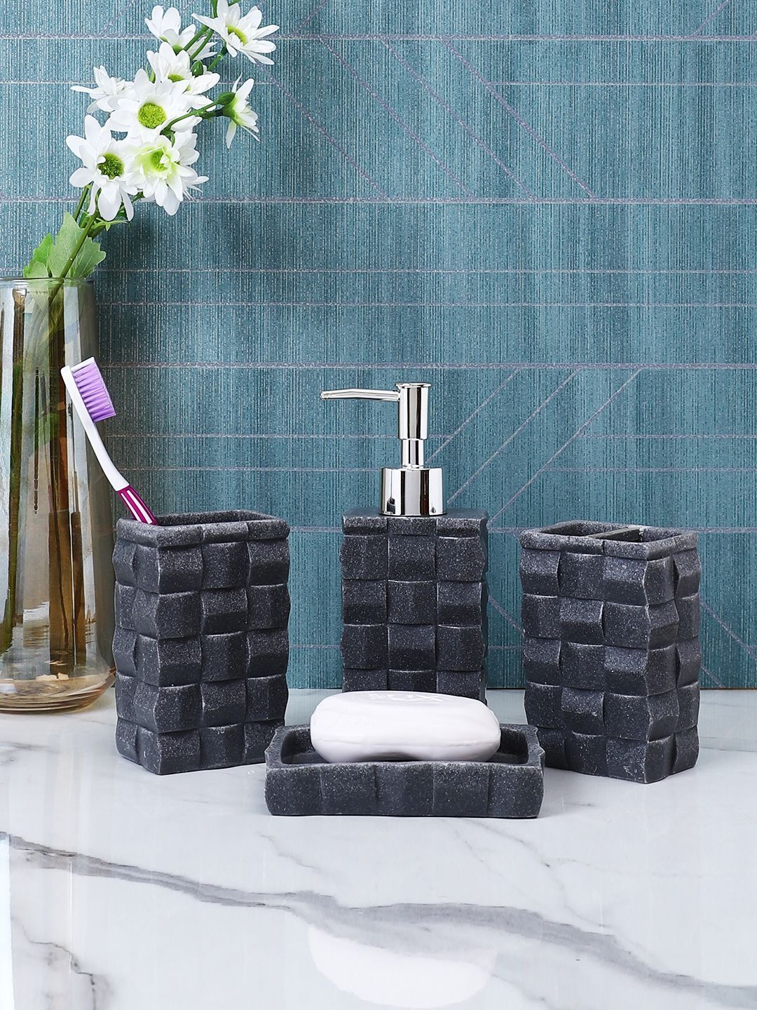 Myntra Elegant Homes 4 piece Black & Charcoal Textured Resin Bath Accessories Set-image-21