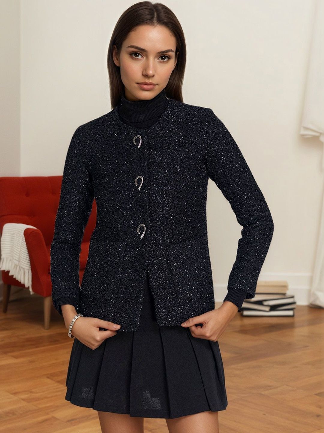Mast & Harbour Self Design Round Neck Coat-picture-38