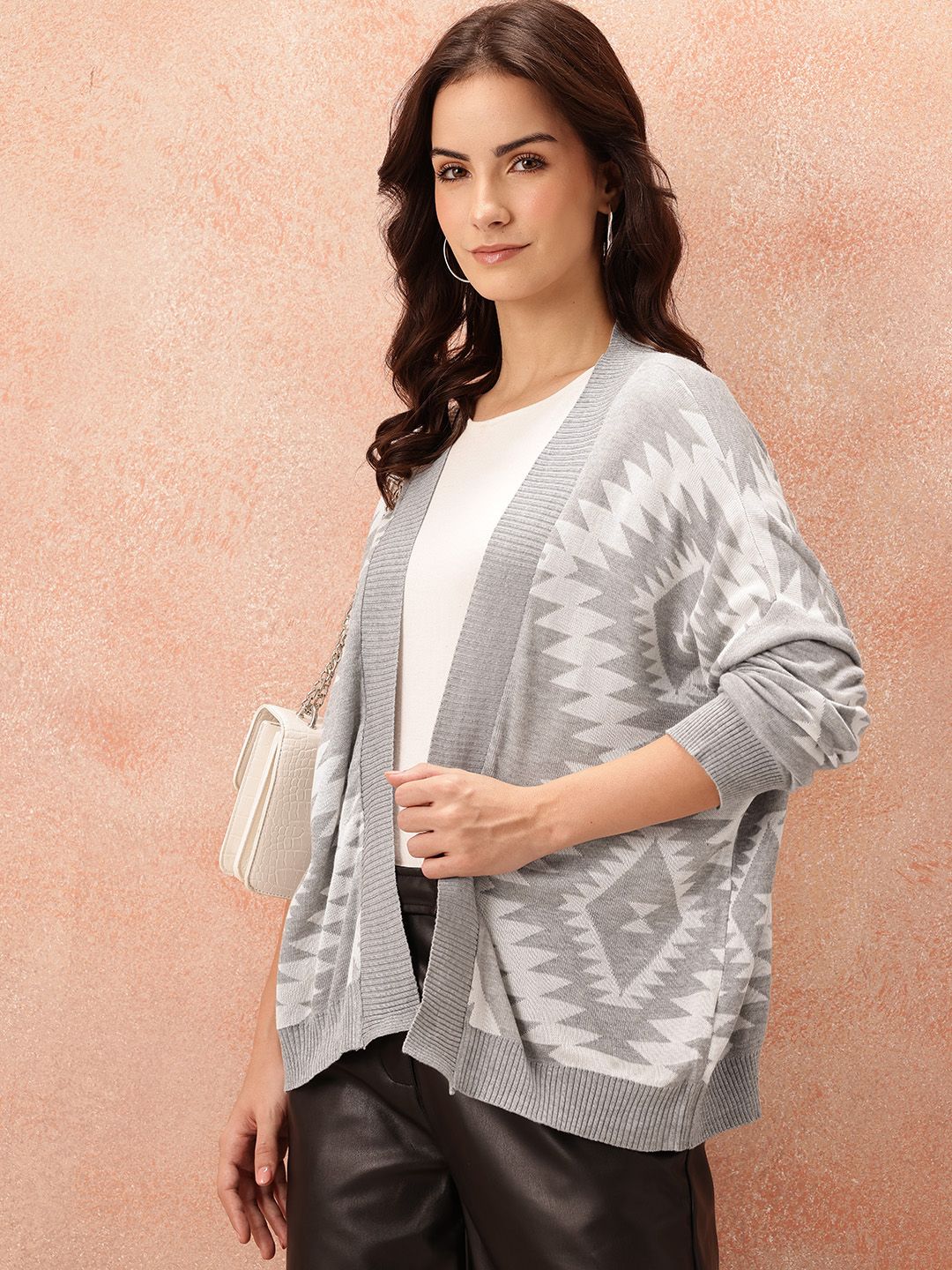 all about you Geometric Self Design Shawl Collar Shrug-picture-28
