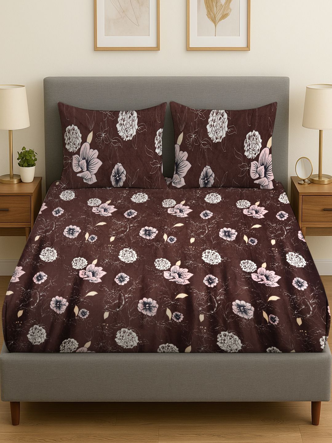 RRC Brown & White Floral 300 TC Queen Bedsheet with 2 Pillow Covers-image-45