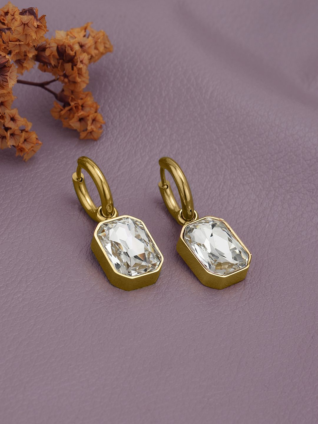 Carlton London 18K Gold Plated Dangling Solitaire Hoop Earring-picture-10