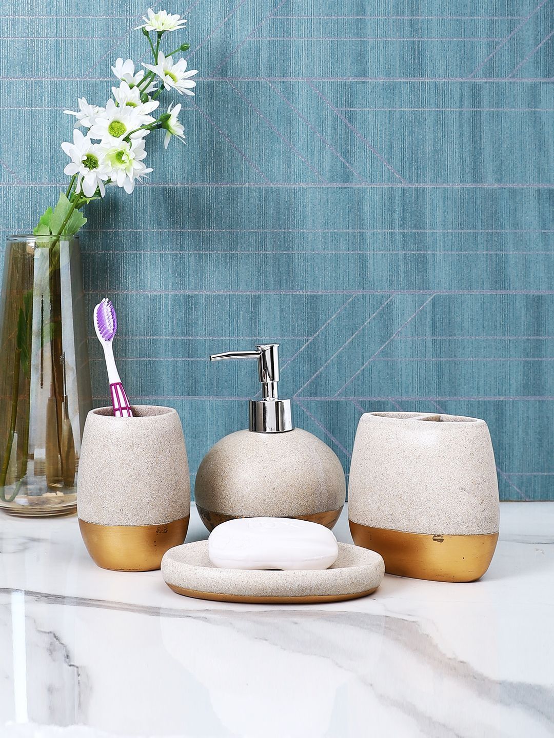 Myntra Elegant Homes Set of 4 Cream & Gold-Toned Textured Resin Bath Accessories Set-image-31