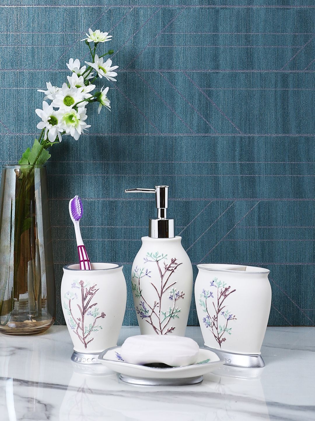 Myntra Elegant Homes White & White 4 piece Floral Resin Bath Accessories Set-image-35