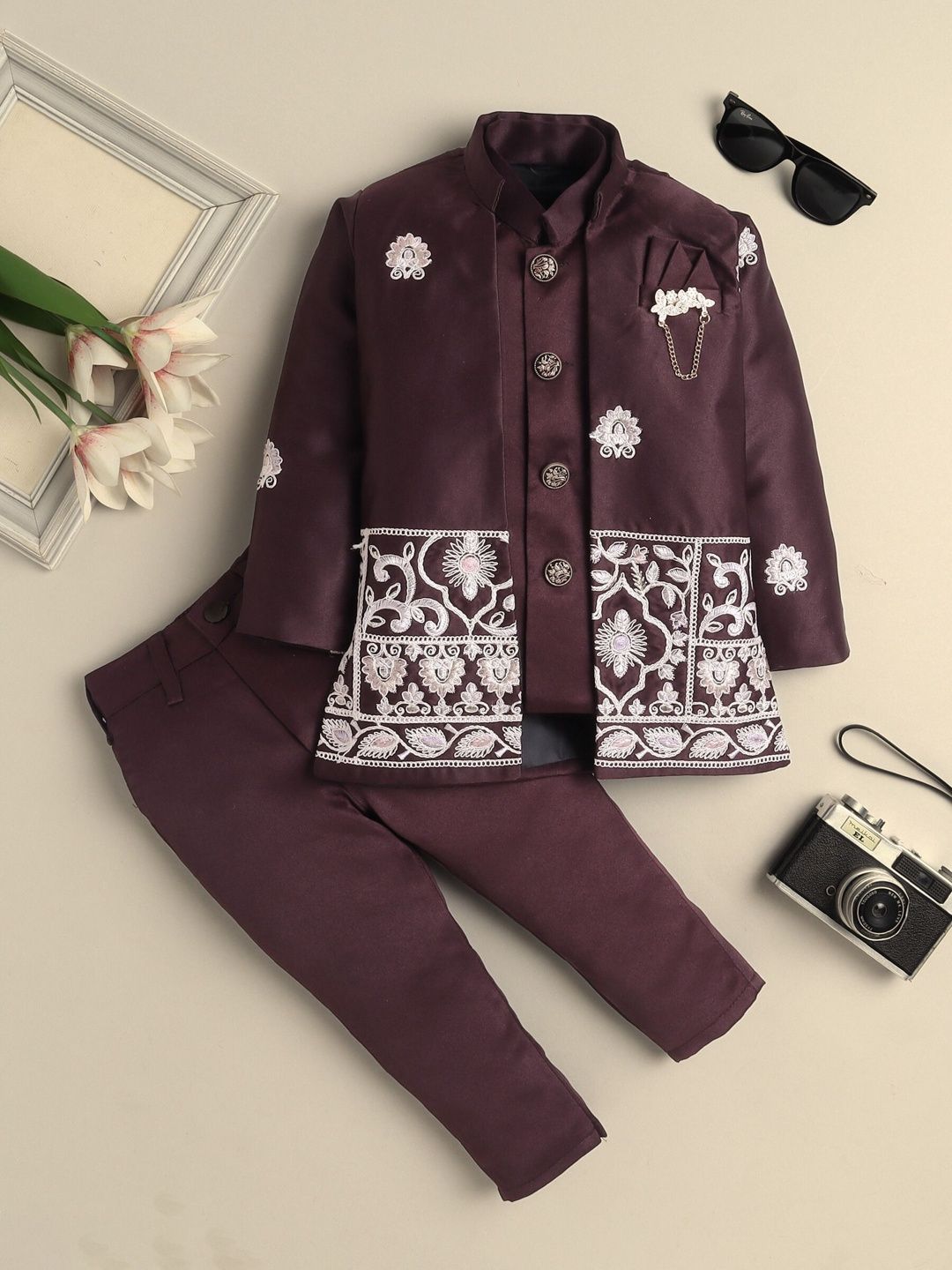 Sangria Boys Embroidered Sherwani & Trouser Set With Shrug-picture-55