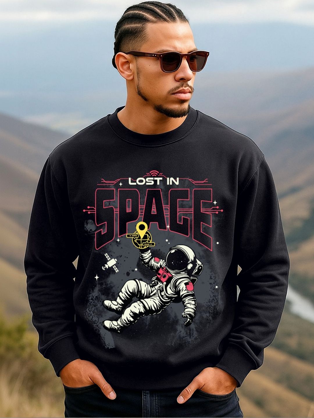 Bewakoof Men's Black Lost In Space Graphic Printed Oversized Sweatshirt-picture-23