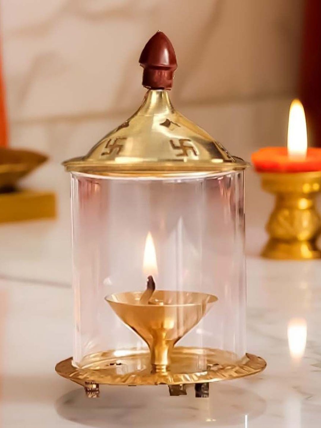 Heaven Decor Traditional Brass and Glass Akhand deep Diya with Cover for Puja
