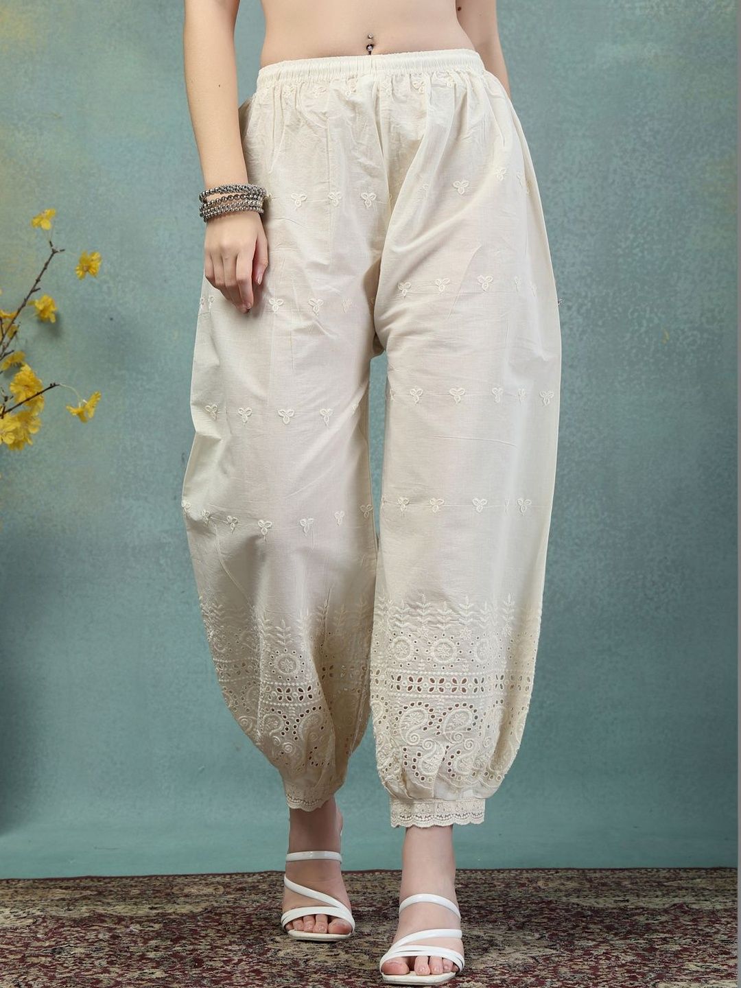 Moda Rapido Women Floral Embroidered Chikankari Loose Fit Cotton Afghani Salwar