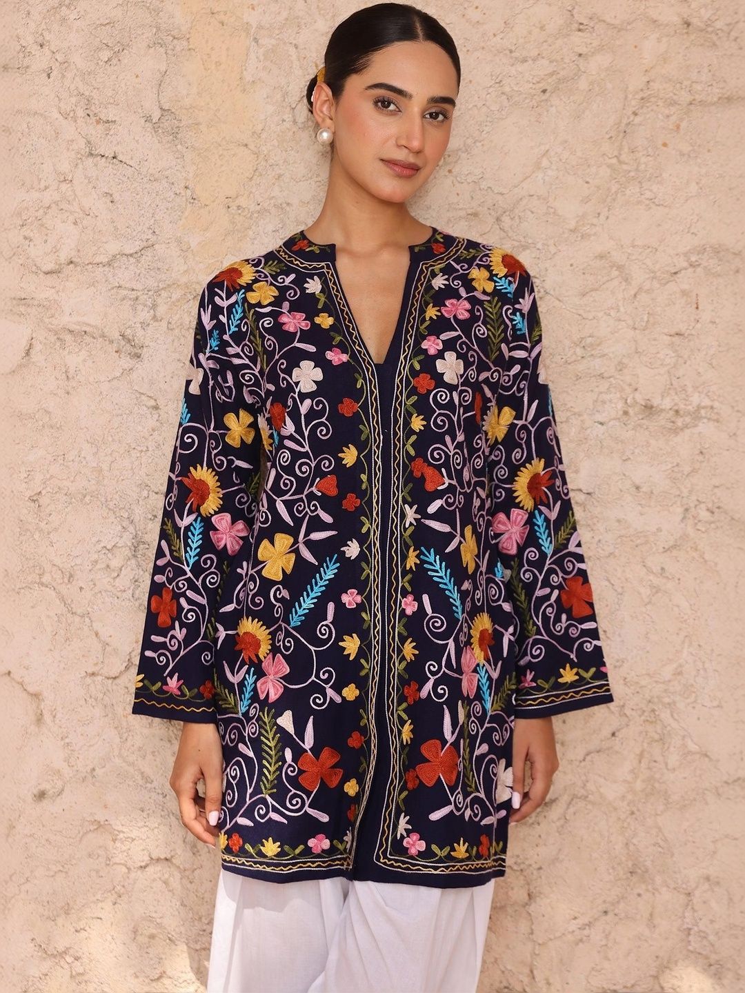 HOUSE OF KARI Women Floral Embroidered Woollen Open Front Jacket-picture-29