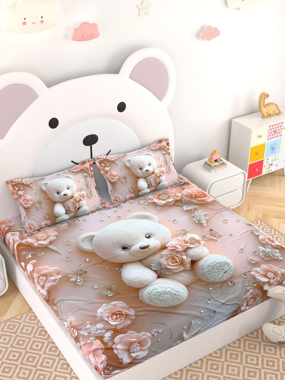 Pure Decor Pink & White Cartoon Characters 130 TC Queen Bedsheet with 2 Pillow Covers