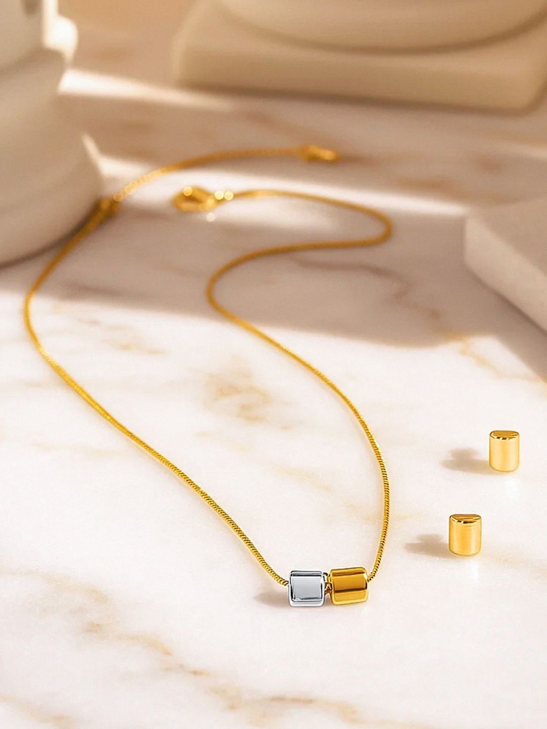 Rubans 18K Gold-Plated Dual-Tone Minimal Cube Pendant Set-picture-16