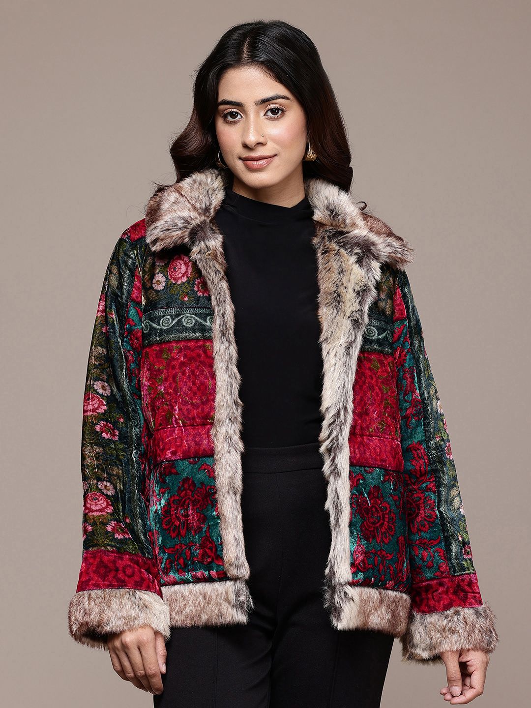 Ritu Kumar Floral Printed Faux Fur Spread Collar Front-Open Overcoat-picture-38