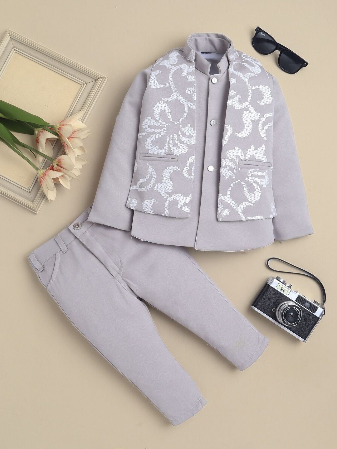 Sangria Boys Embroidered Mandarin Collar Sherwani & Trouser Set With Shrug