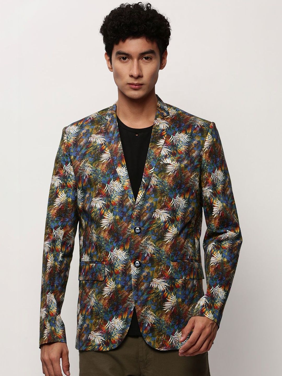 SHOWOFFFF Printed Slim-Fit Notched Lapel Long Sleeves Single-Breasted Blazers-image-30