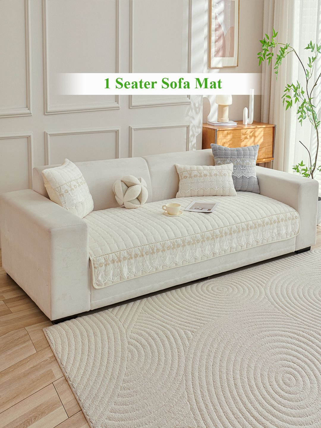 HOKIPO Pearl White Imperial Milk Velvet Sofa Cover Mat for 1 Seater-picture-5