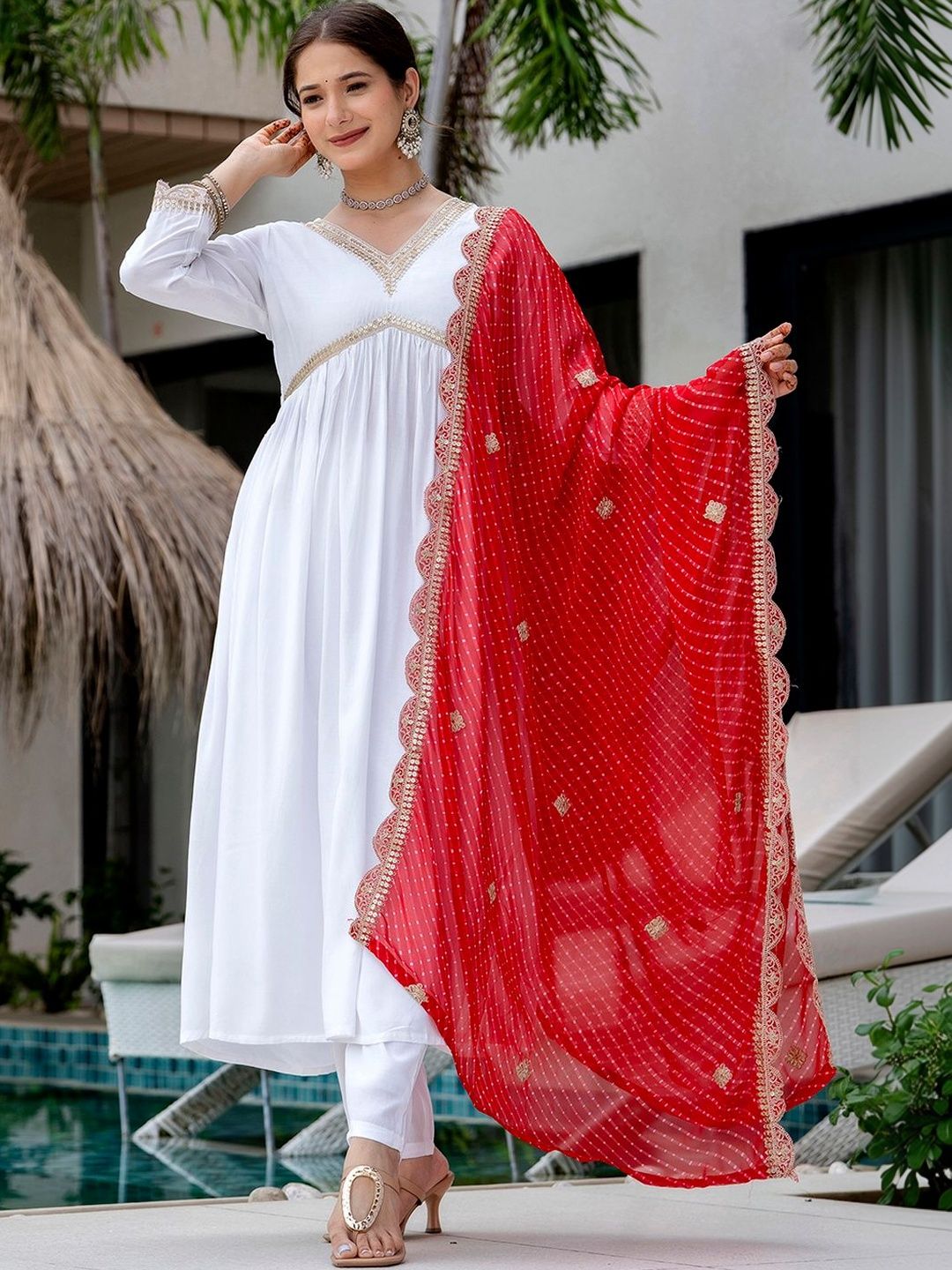 SDK FASHION Women Leheriya Empire Sequinned Chanderi Silk Kurta with Trousers & With Dupatta-picture-26