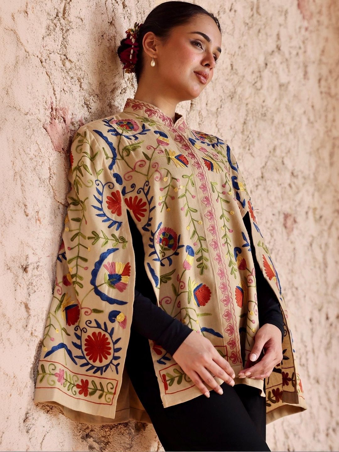 HOUSE OF KARI Women Floral Embroidered Woollen Cape Jacket-picture-30