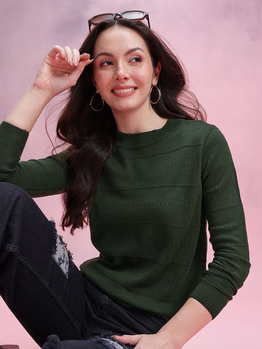 DressBerry Self Design Striped Pullover-image-40