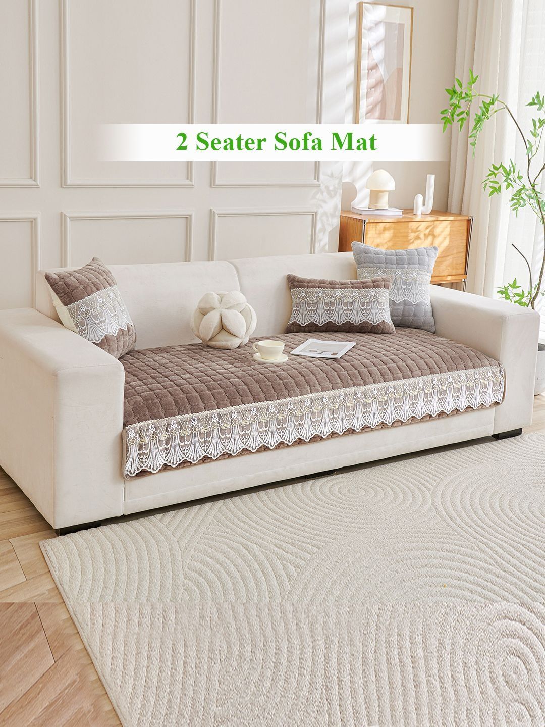 HOKIPO Mocha Brown Imperial Milk Velvet Sofa Cover Mat for 2 Seater-picture-1