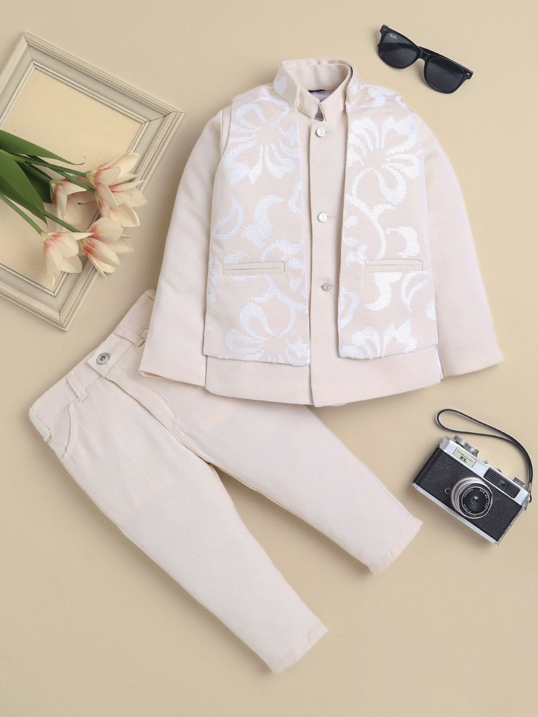 Sangria Boys Embroidered Sherwani & Trouser Set With Shrug