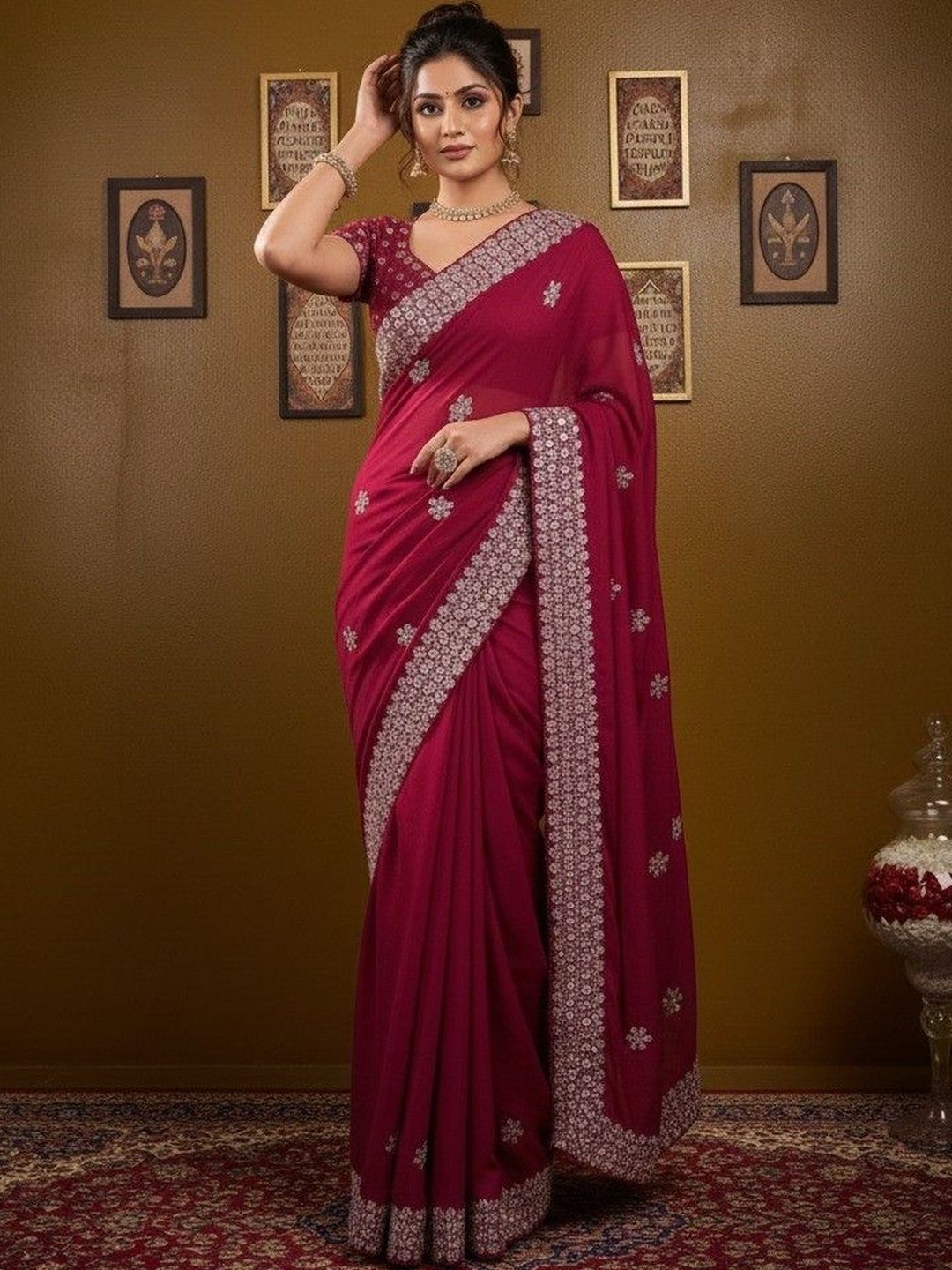 krisha fashion Embellished Embroidered Poly Georgette Heavy Work Saree
