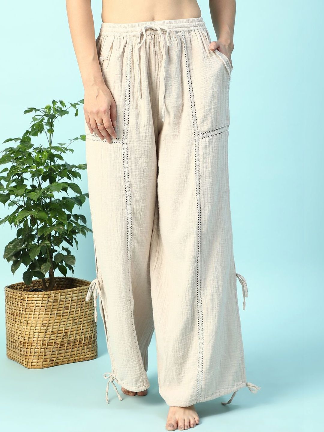 Oxolloxo Women Cotton Self Design Elasticated with Tie-Up String Detail Coverup Pants-image-35