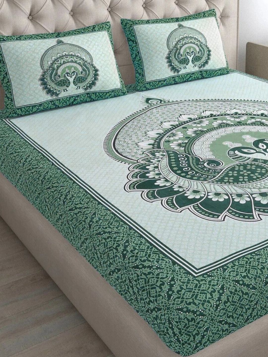 DGSM CRAFT Green Ethnic Motifs 144 TC King Bedsheet with 2 Pillow Covers-image-26