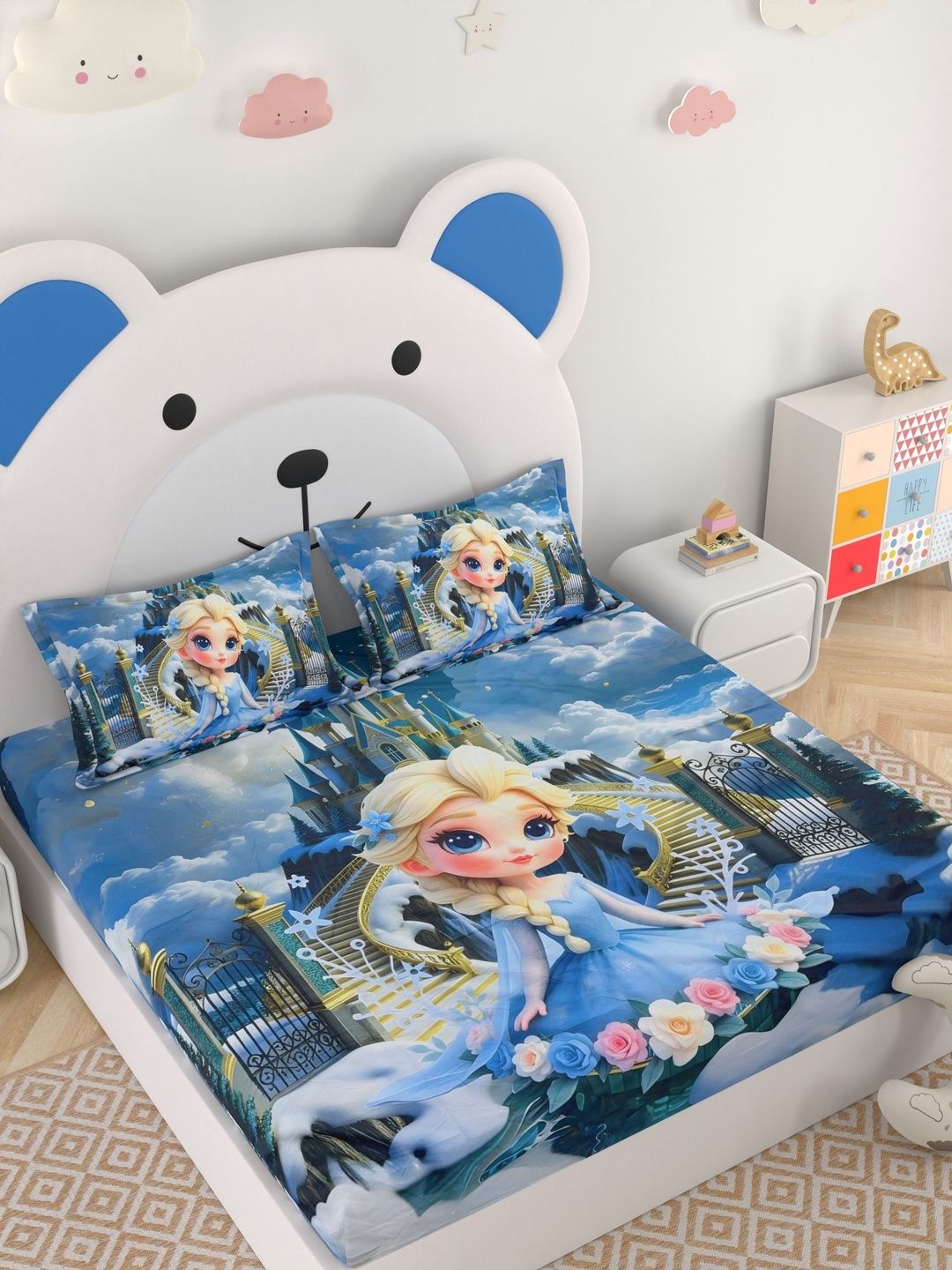 Pure Decor Navy Blue & Navy Blue Cartoon Characters 130 TC Queen Bedsheet with 2 Pillow Covers-picture-57