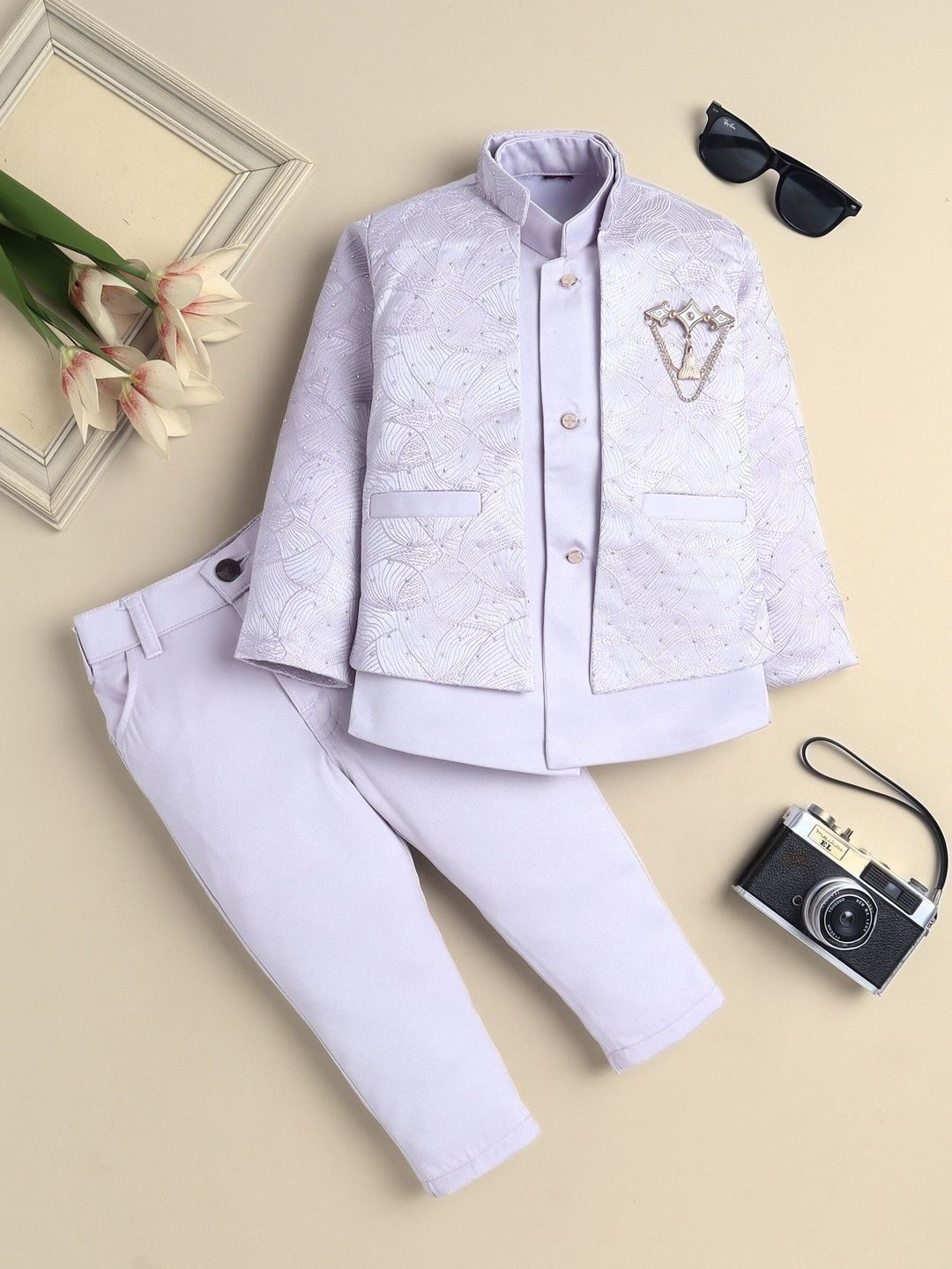 Sangria Boys Embroidered Mandarin Collar Sherwani & Trouser Set With Shrug-picture-26
