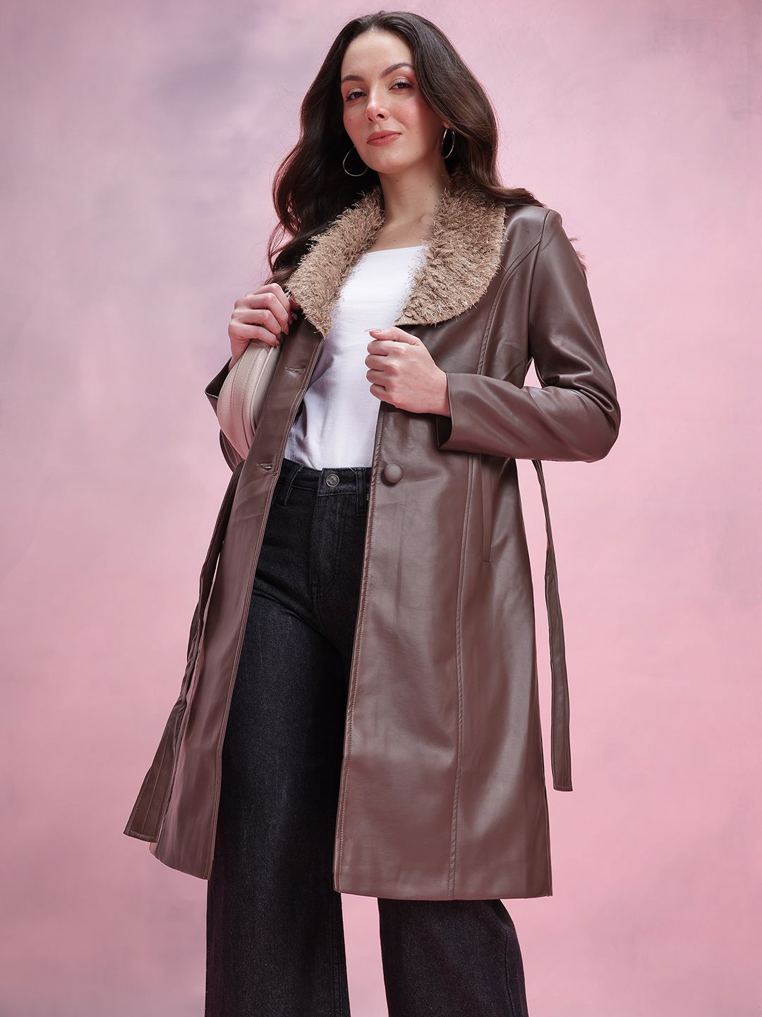 DressBerry Faux Fur Shawl Collar Single-Breasted Belted Overcoat with Leather Effect-image-15