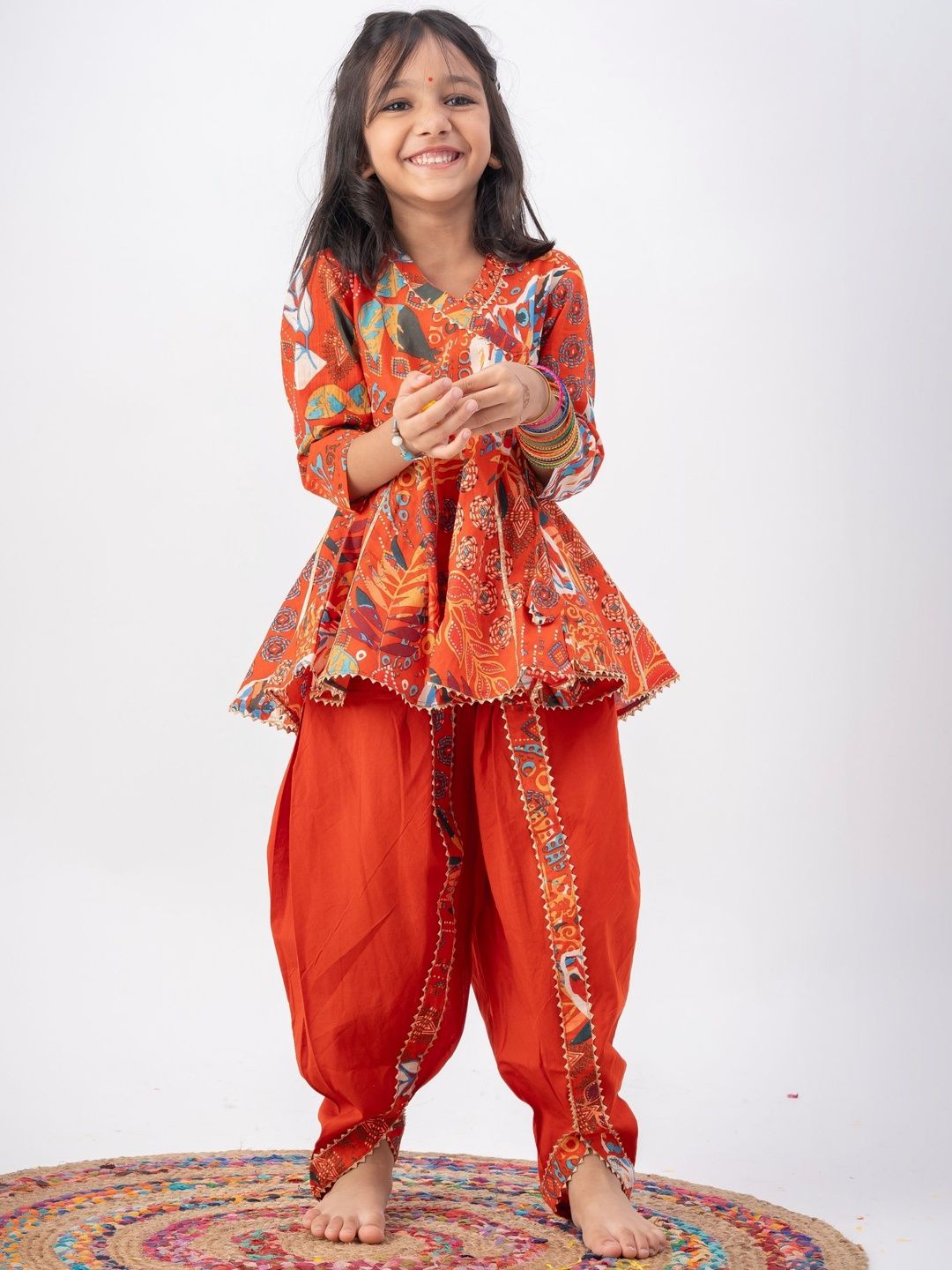 Peekaaboo Kids Girls Ethnic Motifs Printed Angrakha Gotta Patti Pure Cotton Kurta with Dhoti Pants-picture-42