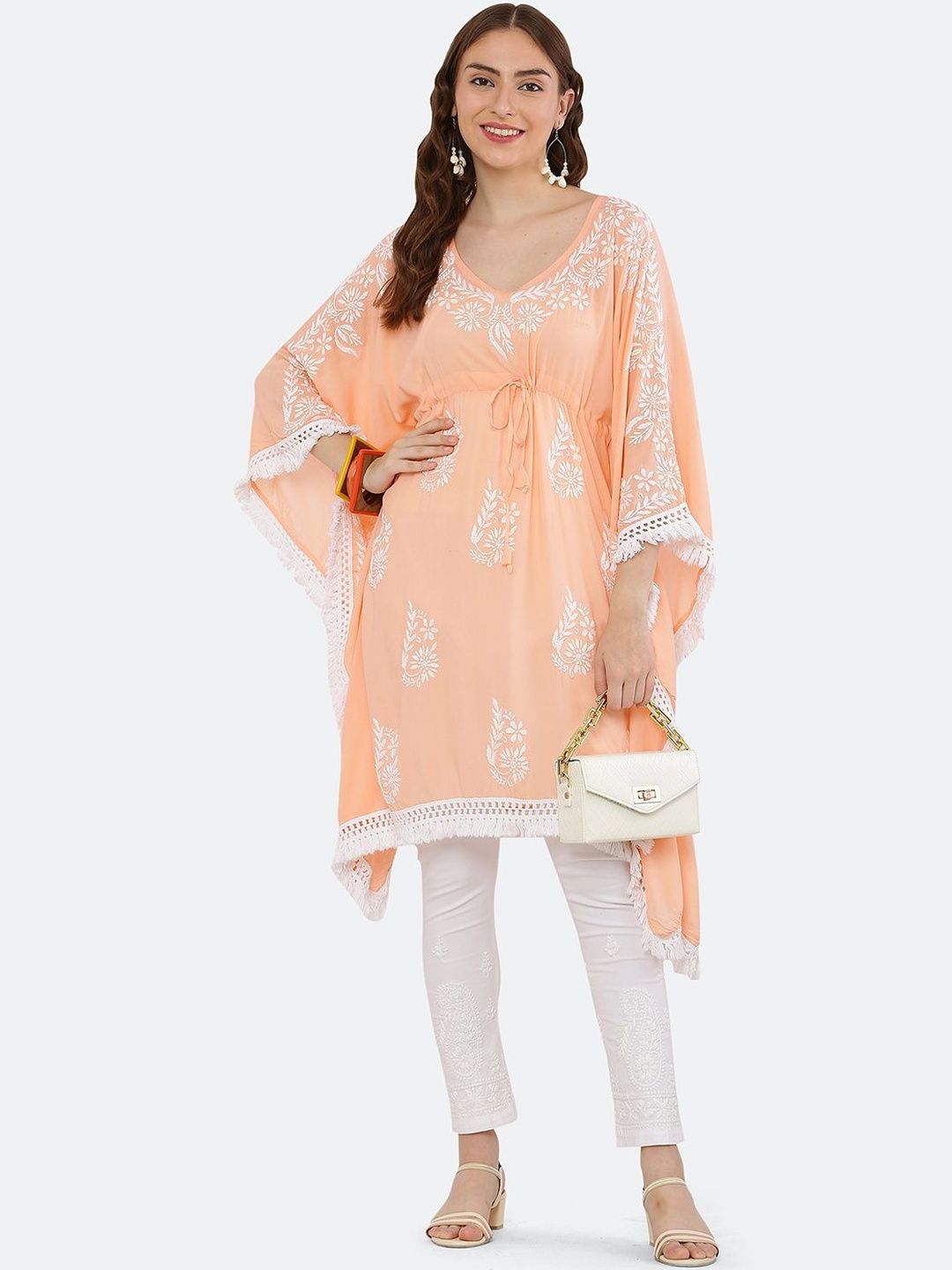 FIIZA Ethnic Motifs Embroidered V-Neck Chikankari Modal Chikankari Kaftan Kurti-picture-51