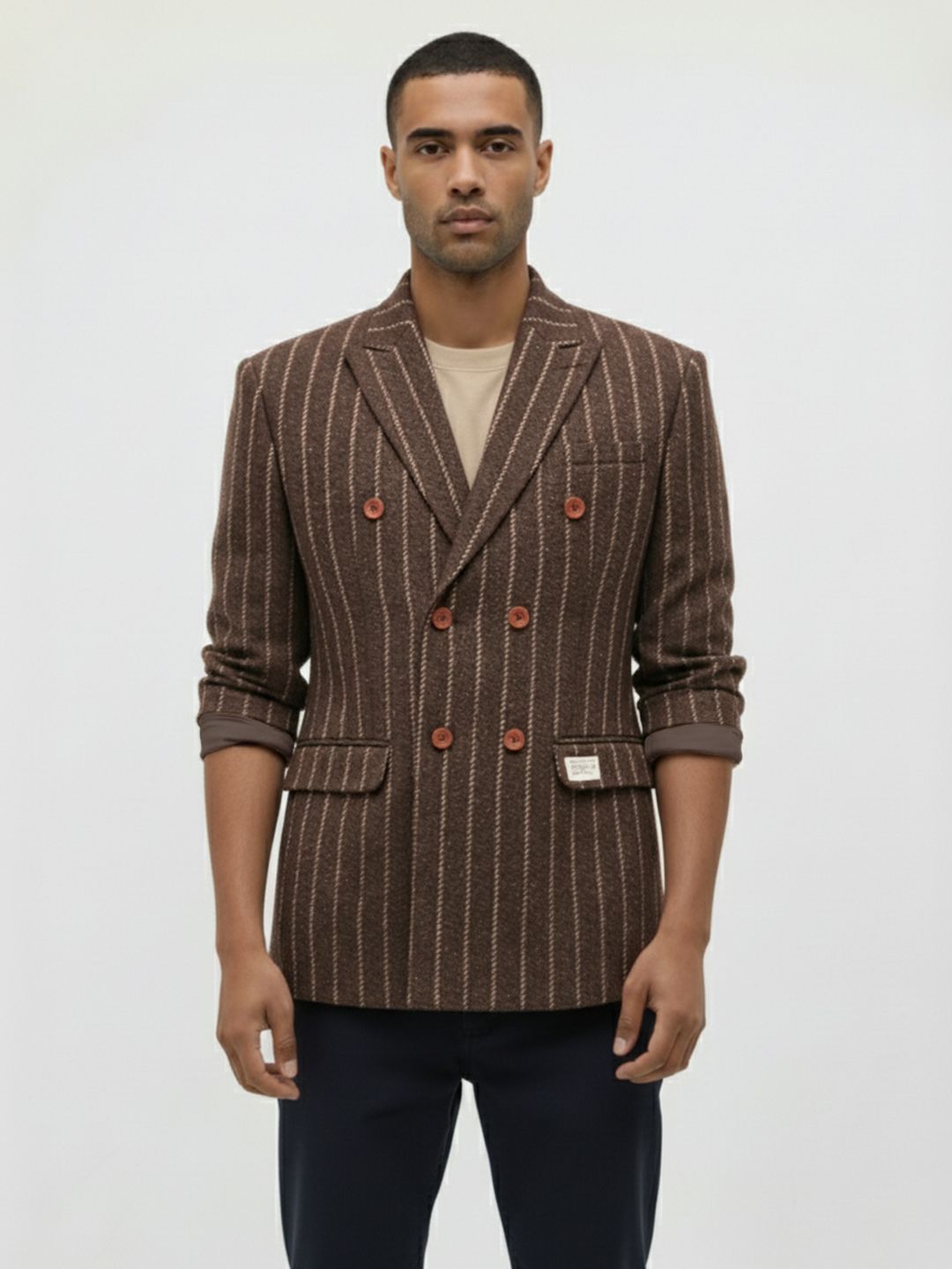 Mr Bowerbird Striped Peaked Lapel Collar Double-Breasted Smart Casual Blazer-image-7