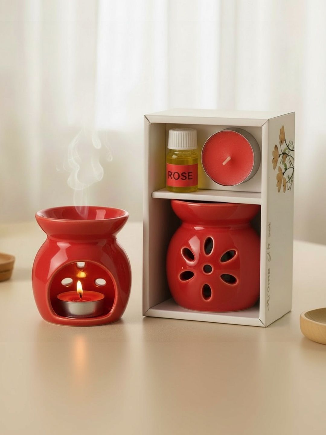 Garden Deco Rose-Red Ceramic Burner Jar Oil Diffusers-image-2