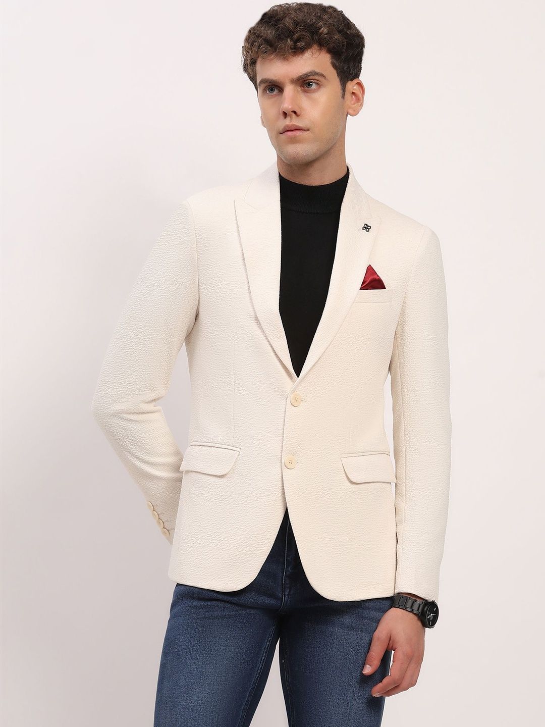 Global Republic Men Textured Notch Lapel Neck Single-Breasted Blazers-image-48