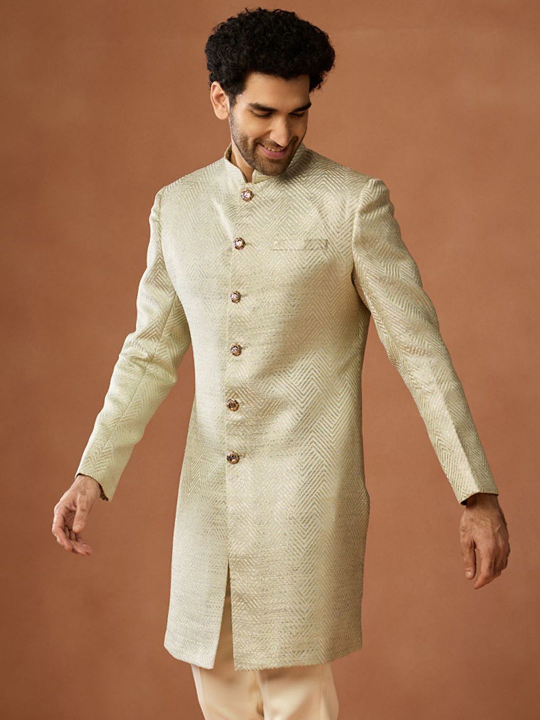 KISAH Men Cream Gold Indowestern Sherwani Trouser Set Textured Achkan-picture-20
