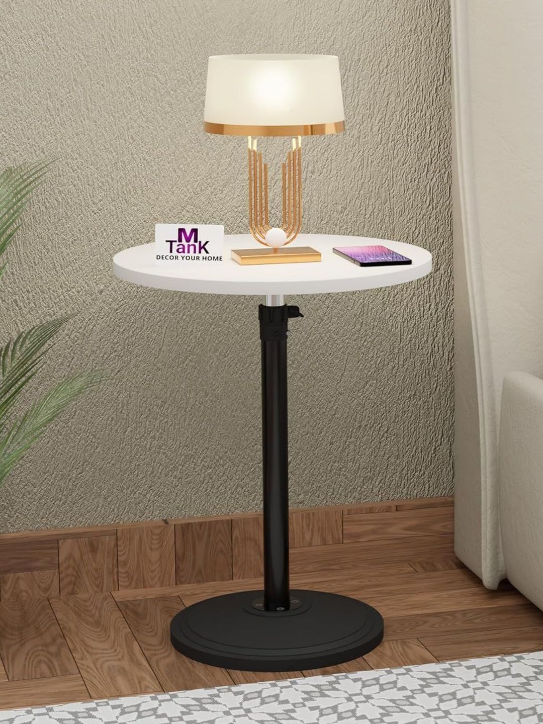 MTANK White & Black Wooden & Metal Round Adjustable Bedside Table
