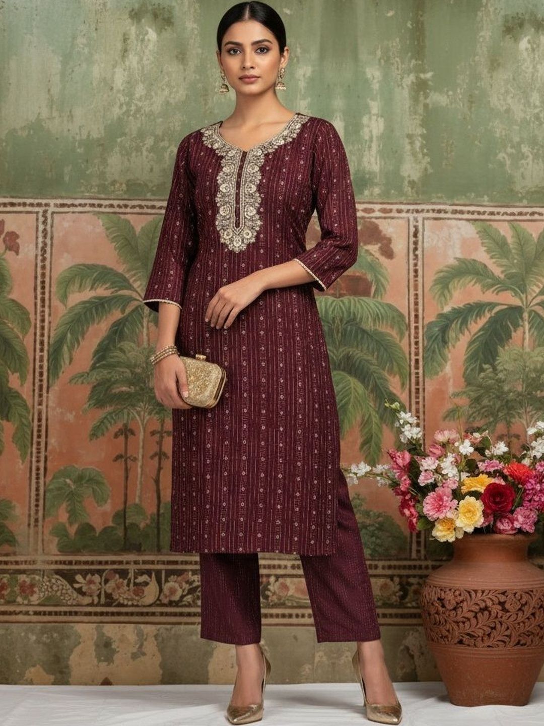 Sangria Embroidered Round Neck Straight Kurta & Trousers-picture-17