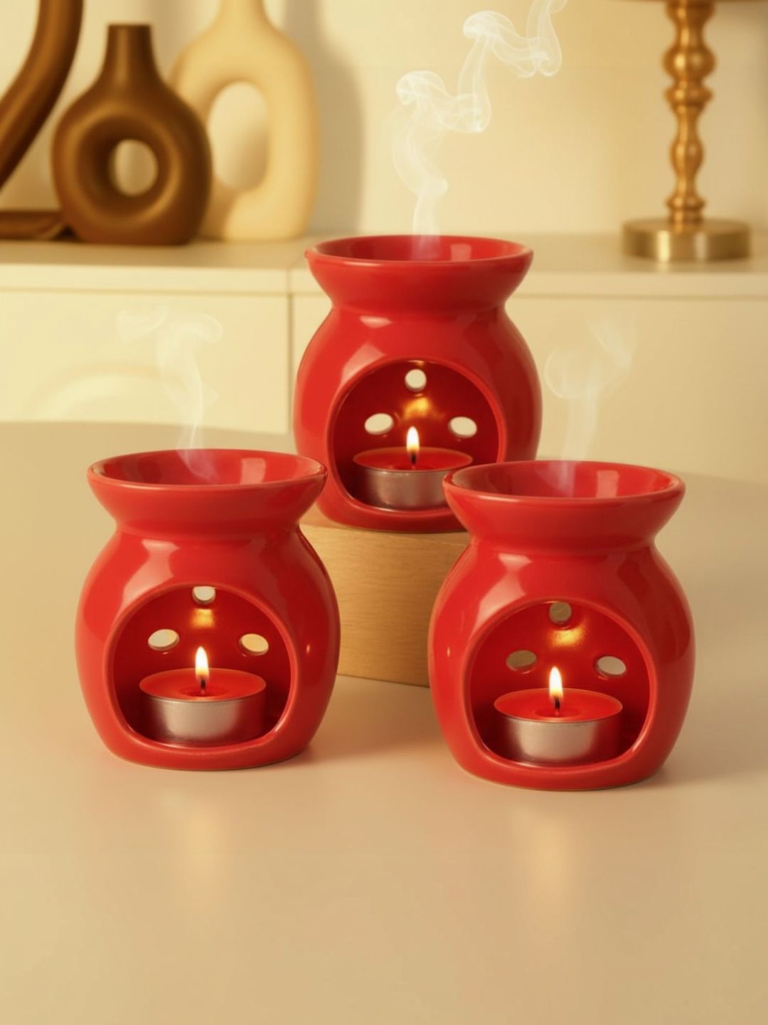 Garden Deco 3Pcs Rose-Red Ceramic Burner Jar Oil Diffusers-image-7