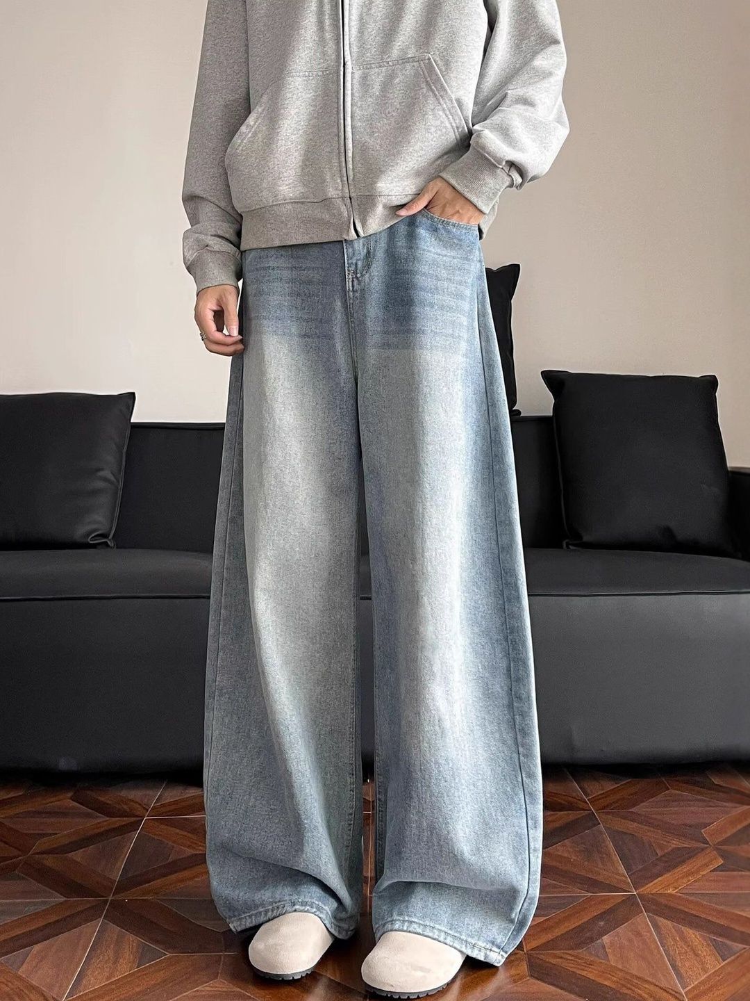 StyleCast x Revolte Men Wide Leg Mid-Rise Light Fade Jeans