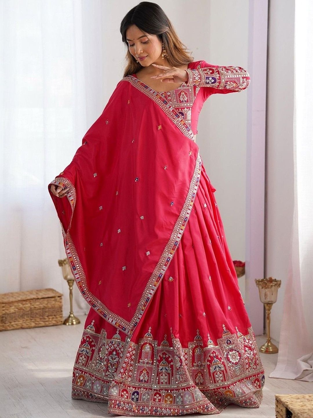 Cute fellow Embroidered Mirror Work Semi-Stitched Lehenga & Blouse With Dupatta-image-33