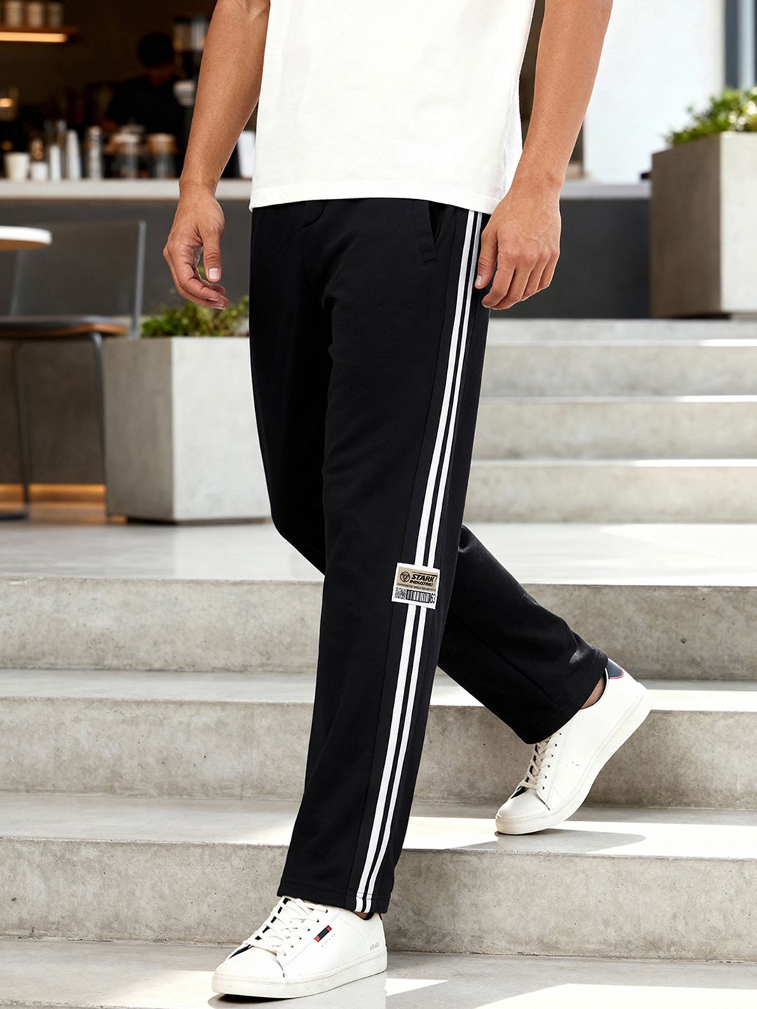 Bewakoof Men Black Side Panel Oversized Cotton Track Pants-picture-12