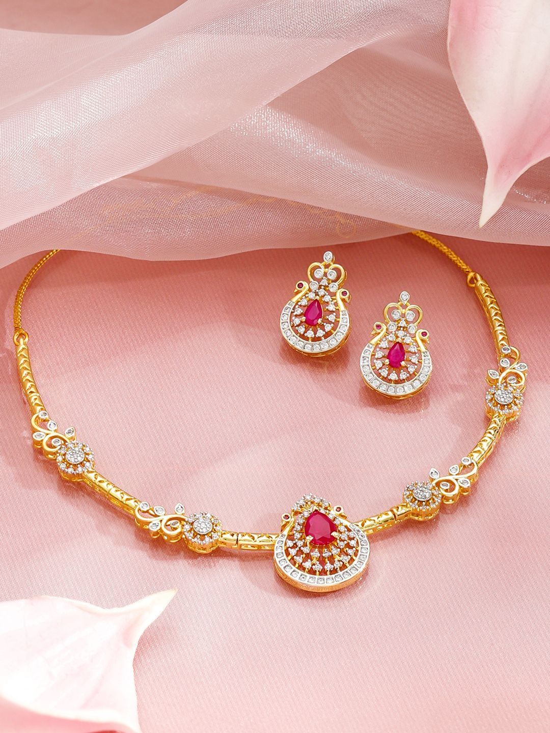 Rubans 22K Gold-Plated Ruby & Cubic Zirconia-Studded Jewellery Set