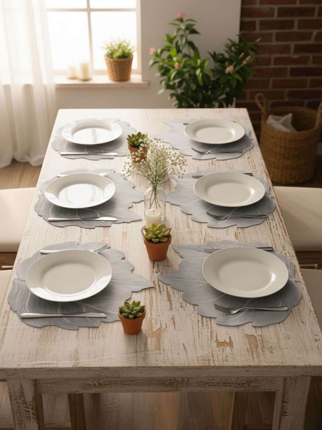TASKHOUSE 6Pcs Grey Textured Leaf Design Table Placemats-picture-16