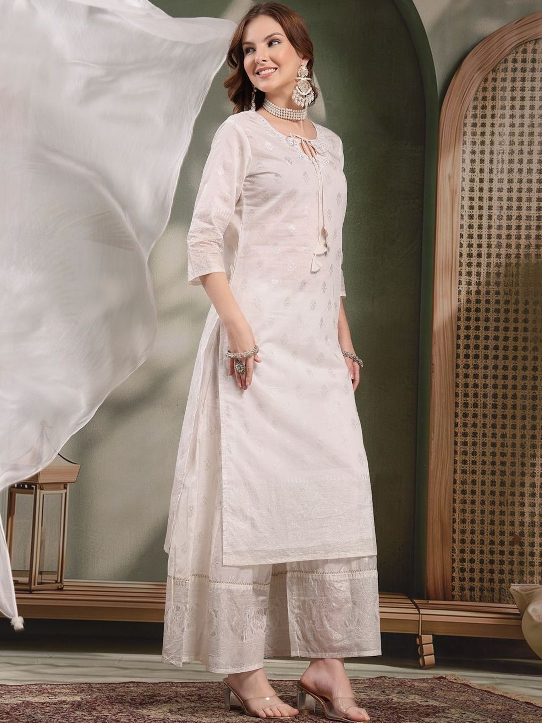 Sangria Printed Tie-Up Neck Straight Kurta & Palazzos With Dupatta-picture-16