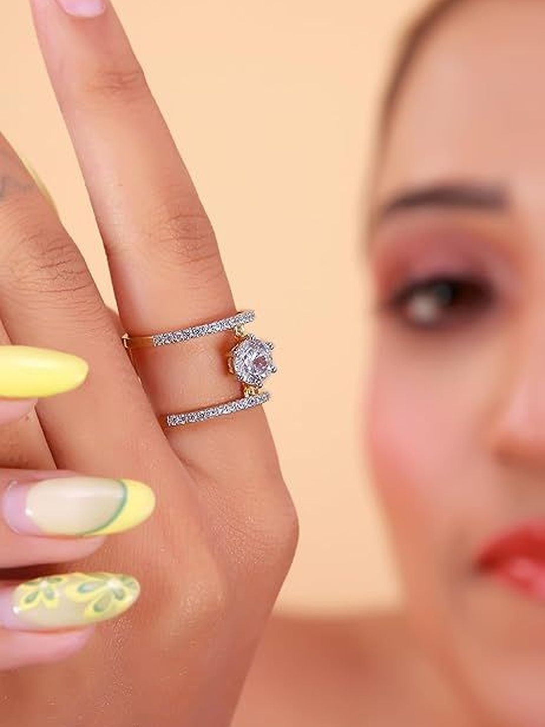 JOY & SHINE 925 Sterling Silver Gold-Plated Cubic Zirconia-Studded Finger Ring-picture-47