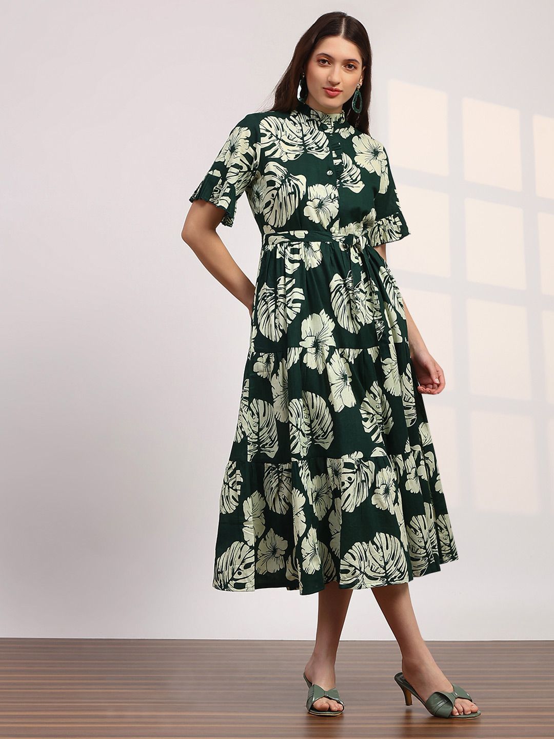 Globus Floral Printed Mandarin Collar Ruffle Sleeve Tie-Ups Cotton Fit & Flare Midi Dress-picture-19