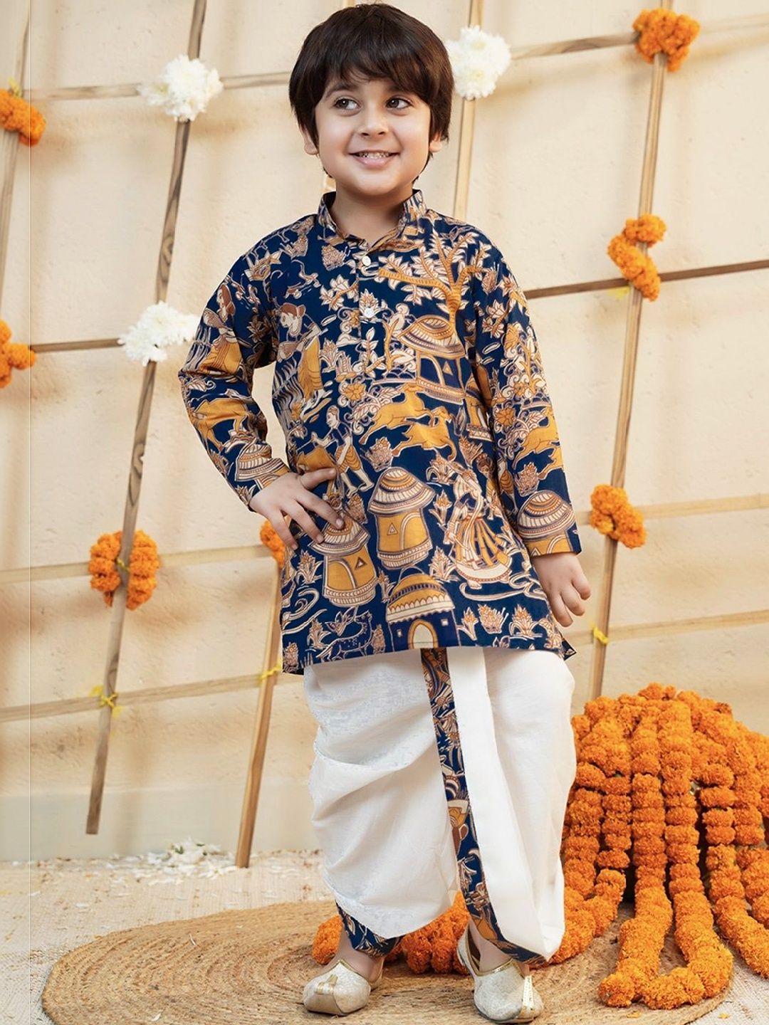 Aj DEZInES Boys Ethnic Motifs Printed Regular Pure Cotton Kurta with Dhoti Pants-picture-48