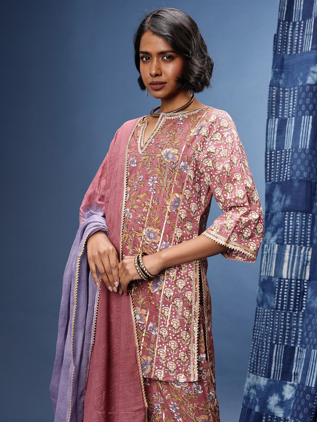 Taavi Floral Printed Gotta Patti Sanganeri Folk Kurta With Sharara & Dupatta-image-9