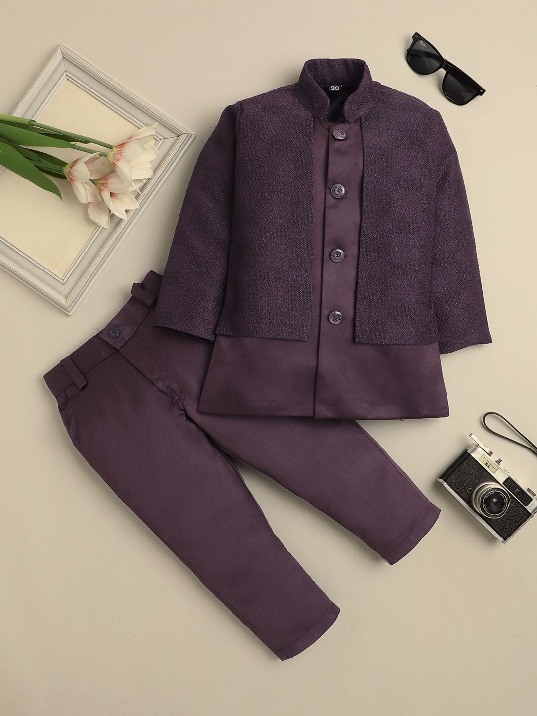 Sangria Boys Jacquard Zigzag Pattern Sherwani & Trouser Set-image-8