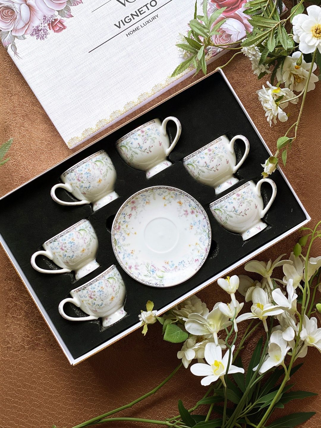 vigneto White & White Printed Porcelain Glossy Core Set of Cups and Mugs-image-25